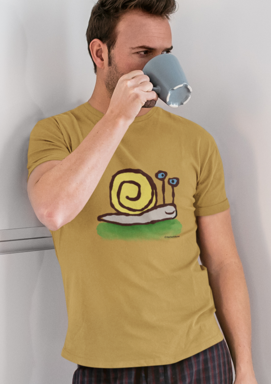 Cute snail T-shirt - A young man wearing an Ochre colour Unisex Hector and Bone vegan cotton T-shirt with printed cute Snail illustration