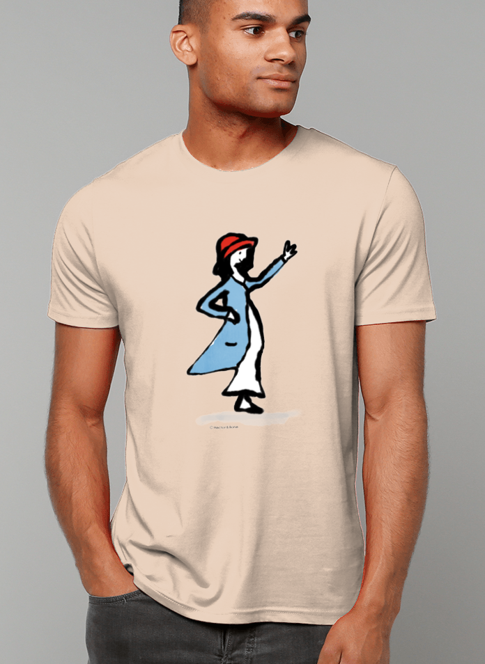 Young man wearing an illustrated waving girl t-shirt on heather rainbow vegan cotton tshirt by Hector and Bone