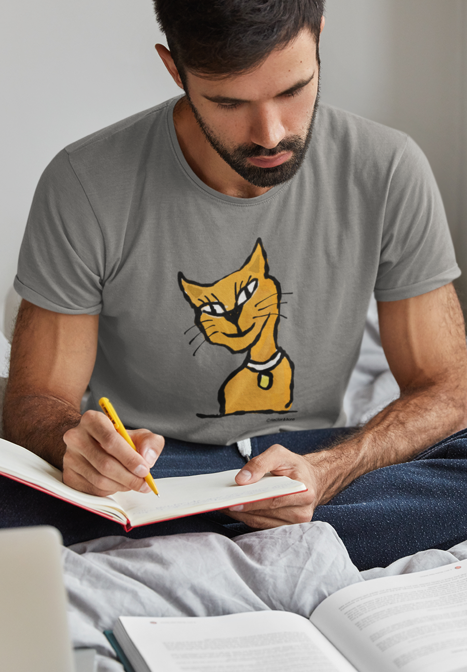 Ginger Cat T-shirt - Young man wearing an Illustrated grey colour vegan cotton Cat T-shirt by Hector and Bone