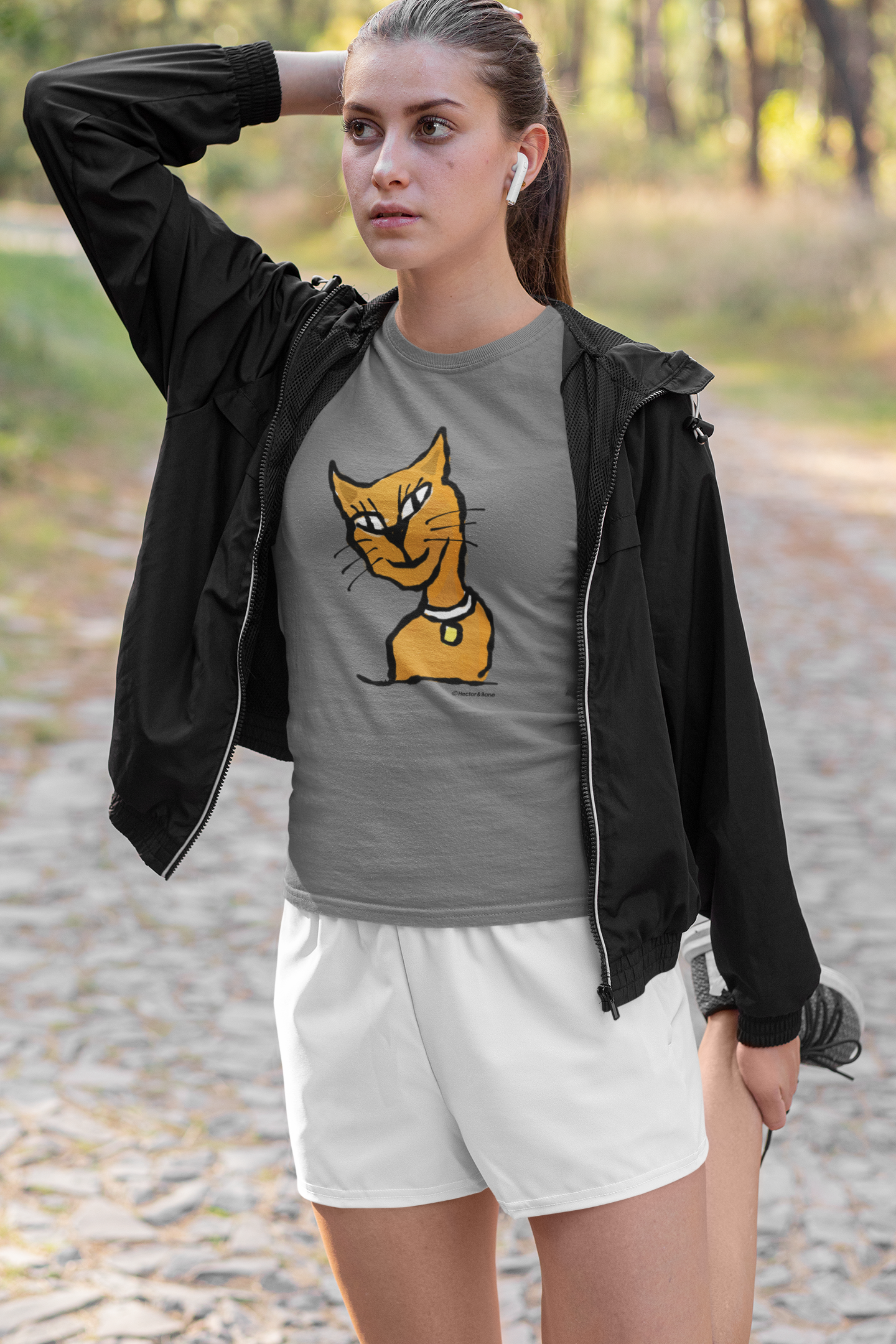 Ginger Cat T-shirt - Young woman wearing an Illustrated grey colour vegan cotton Cat T-shirt by Hector and Bone