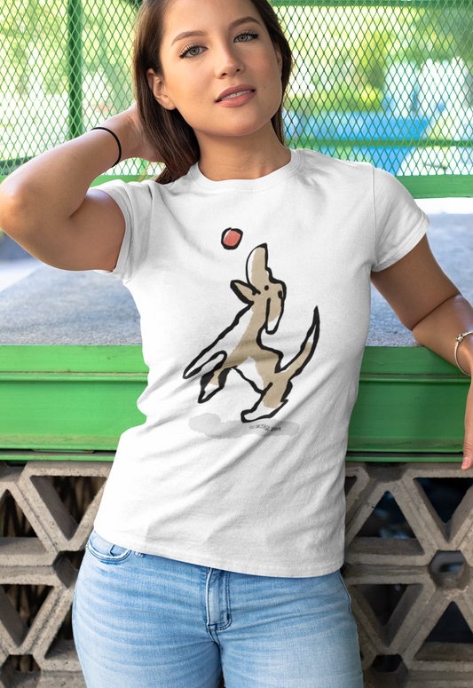 Dog T-shirt - Young woman wearing an illustrated Jumping Dog T-shirt on white vegan cotton by Hector and Bone