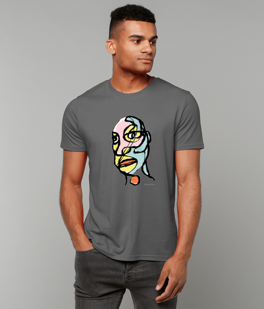 Abstract man portrait t-shirt - Young man wearing an Edgy Eddie abstract man's face illustrated on a vegan dark grey cotton t-shirt by Hector and Bone