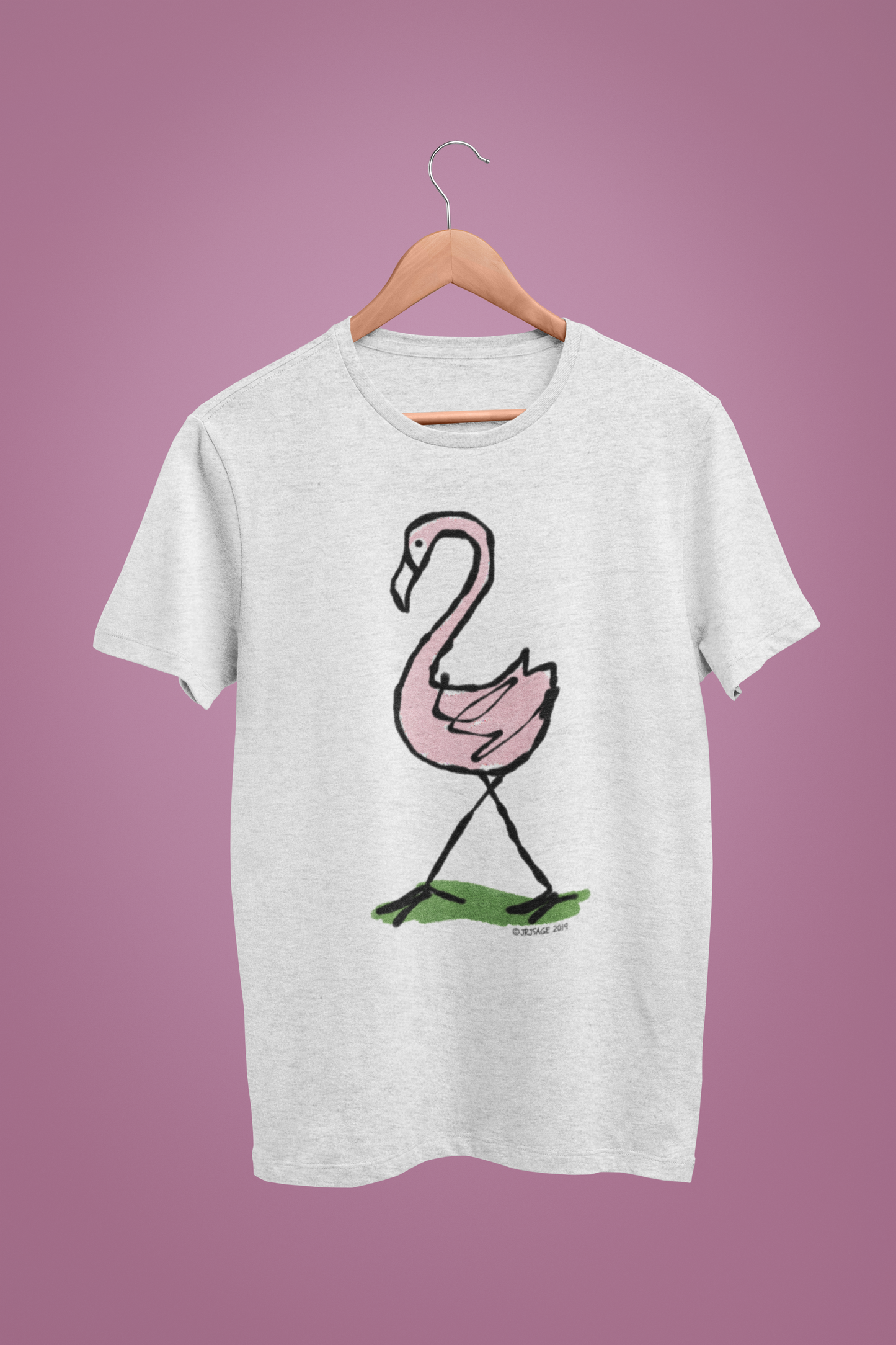Pink Flamingo T-shirt - Illustrated flamingo design on cream heather grey colour vegan cotton unisex t-shirts by Hector and Bone
