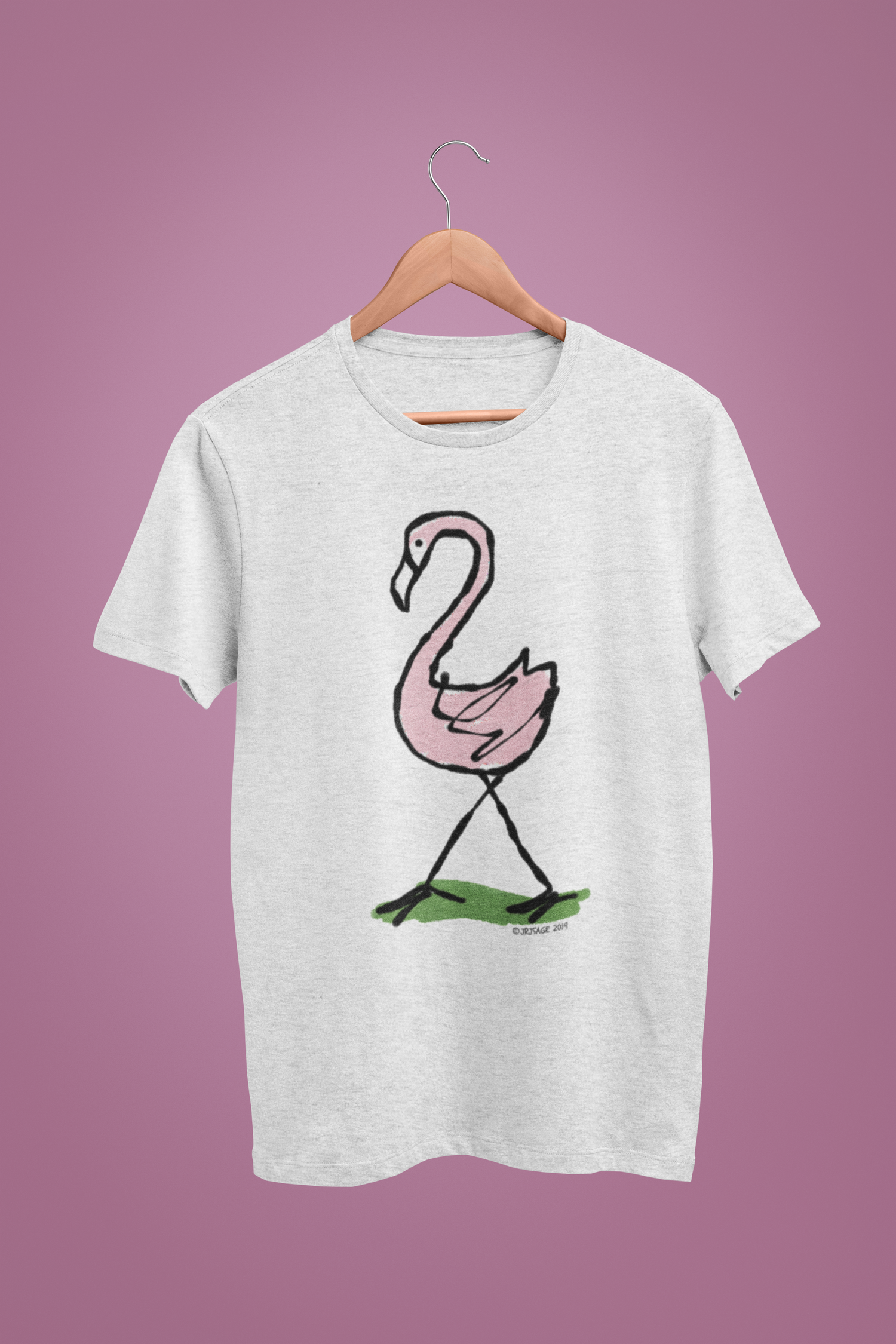 Pink Flamingo T-shirt - Illustrated flamingo design on cream heather grey colour vegan cotton unisex t-shirts by Hector and Bone