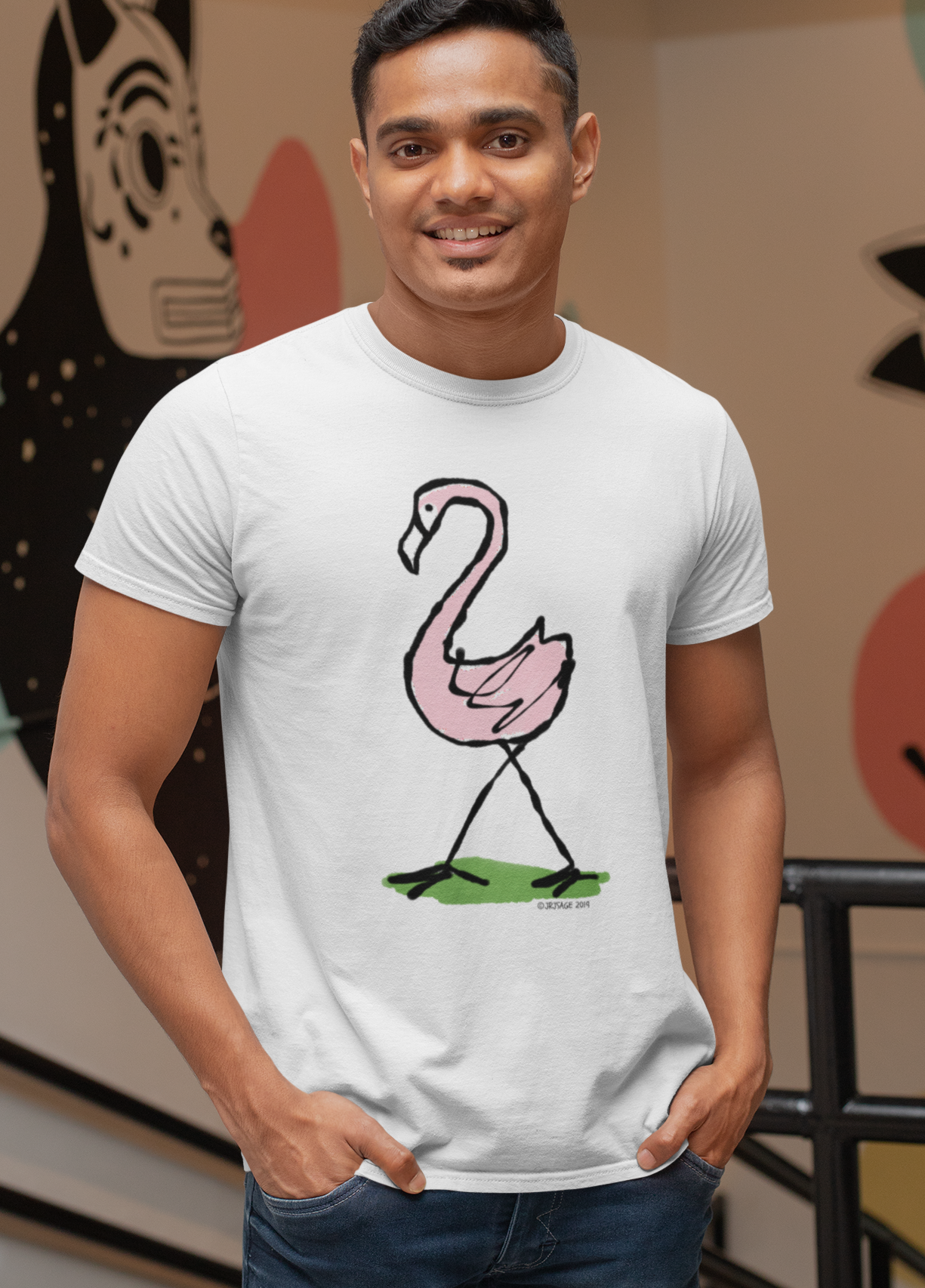 Pink Flamingo T-shirt - Young woman wearing an illustrated flamingo t-shirt design on a white tee by Hector and Bone