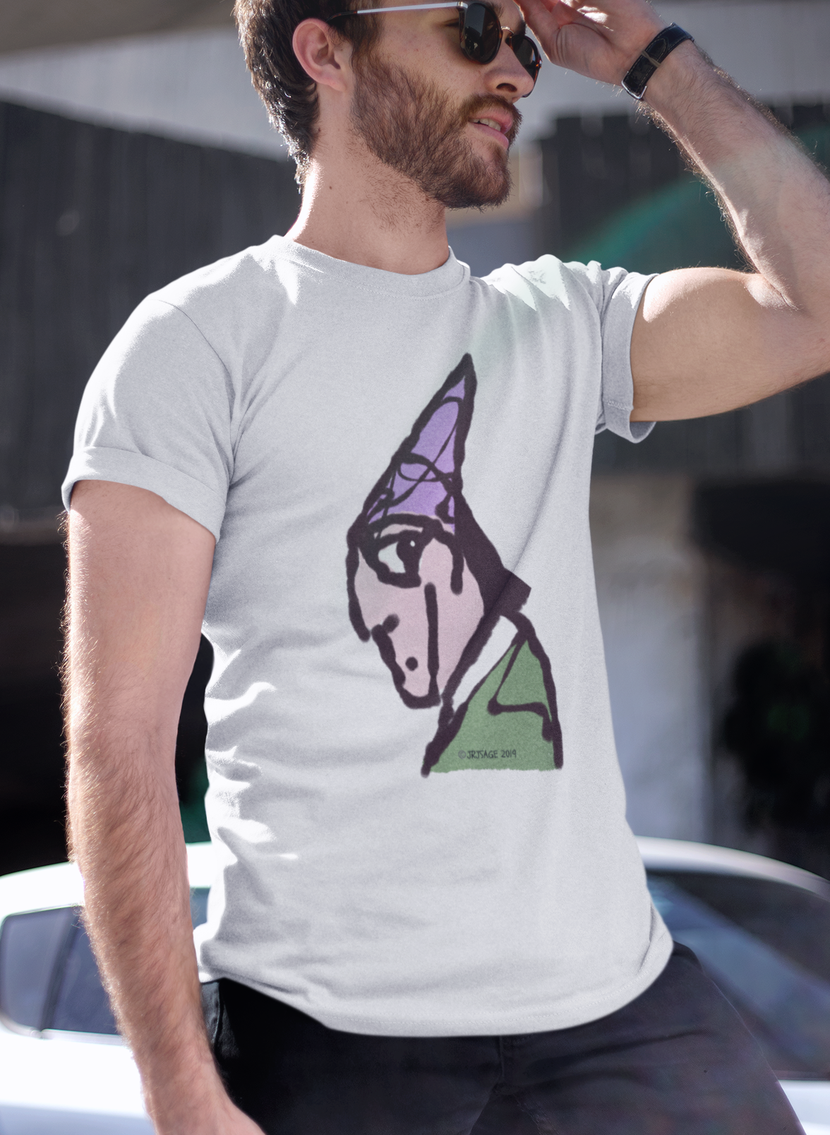 Wizard T-shirt - Young man wearing a illustrated magical wizard t-shirt in white vegan cotton by Hector and Bone