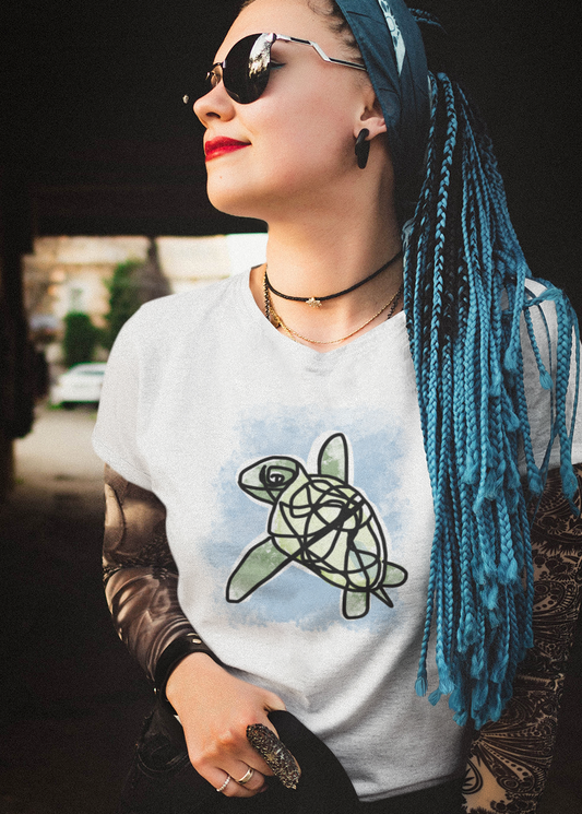 Sea Turtle T-shirt - Young woman wearing an illustrated green sea turtle t-shirt by Hector and Bone