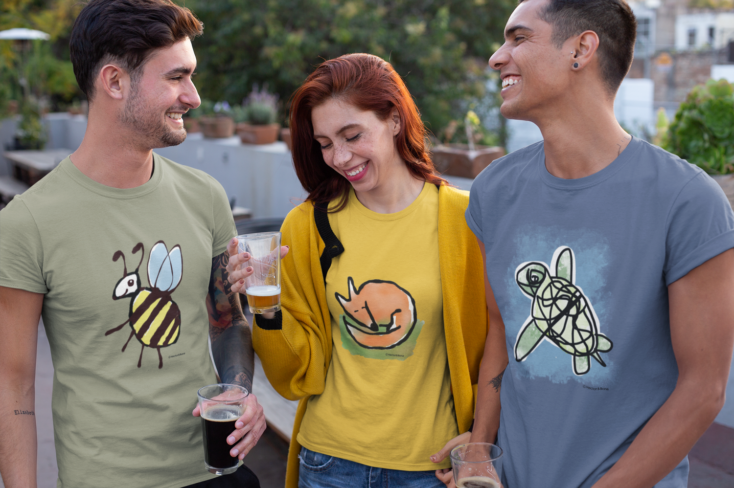 Original illustrated colour vegan cotton T-shirts by Hector and Bone of London