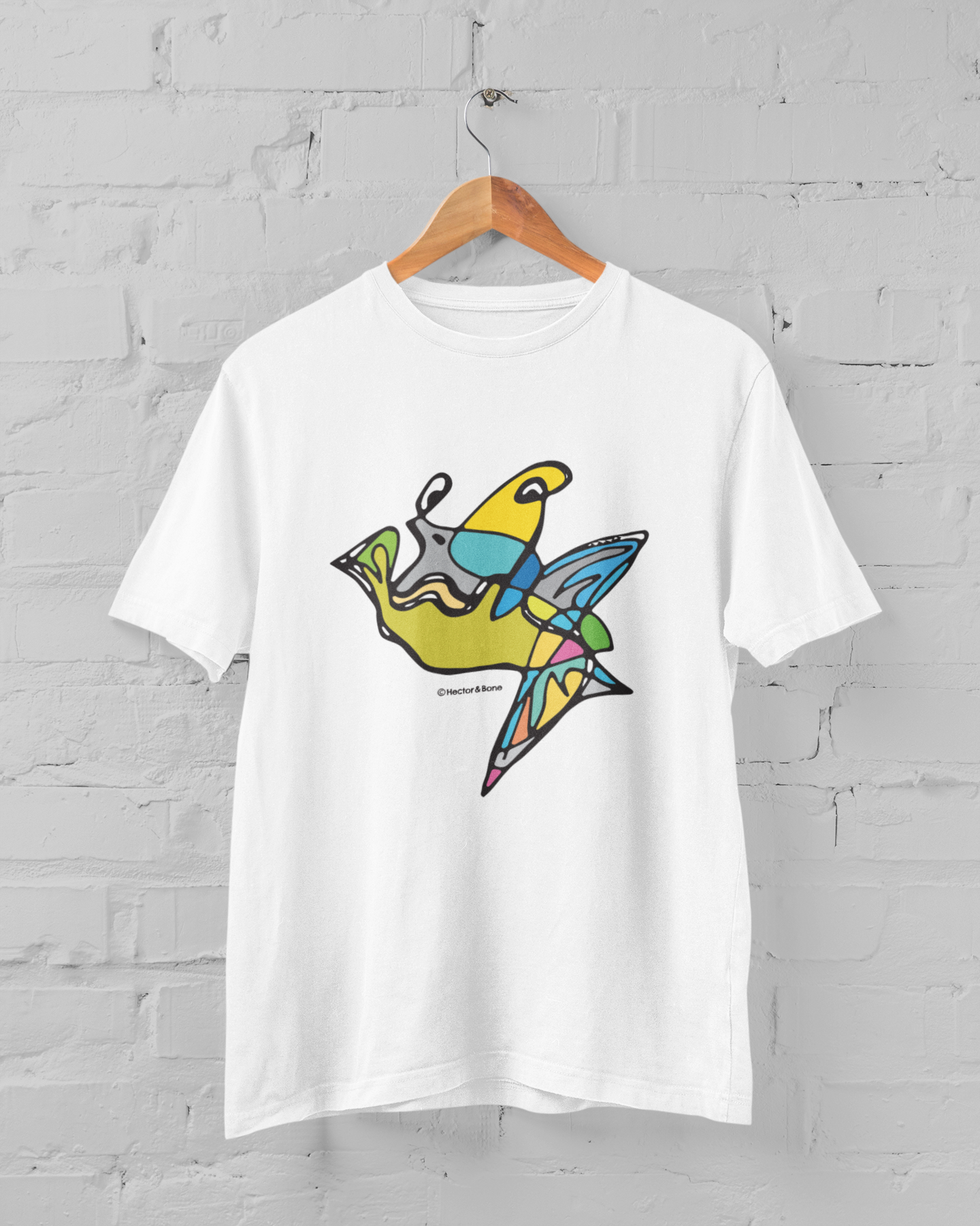 Fish Boy modern art design character on a white T-shirt by Hector and Bone