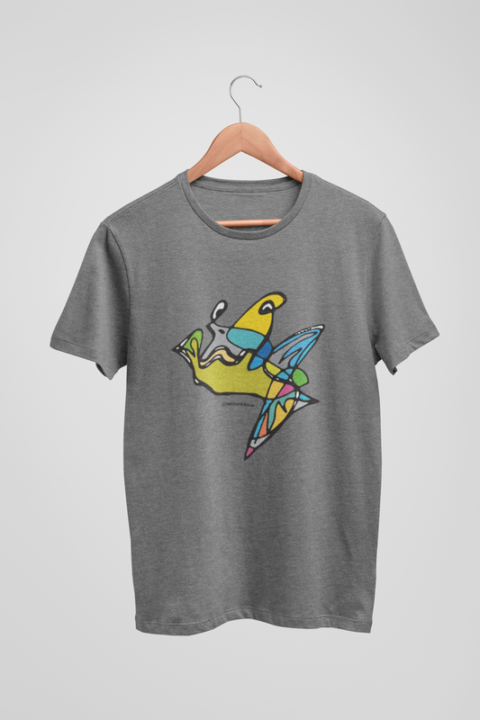 Fish Boy - Modern Art design character on a mid heather grey vegan t-shirt by Hector and Bone