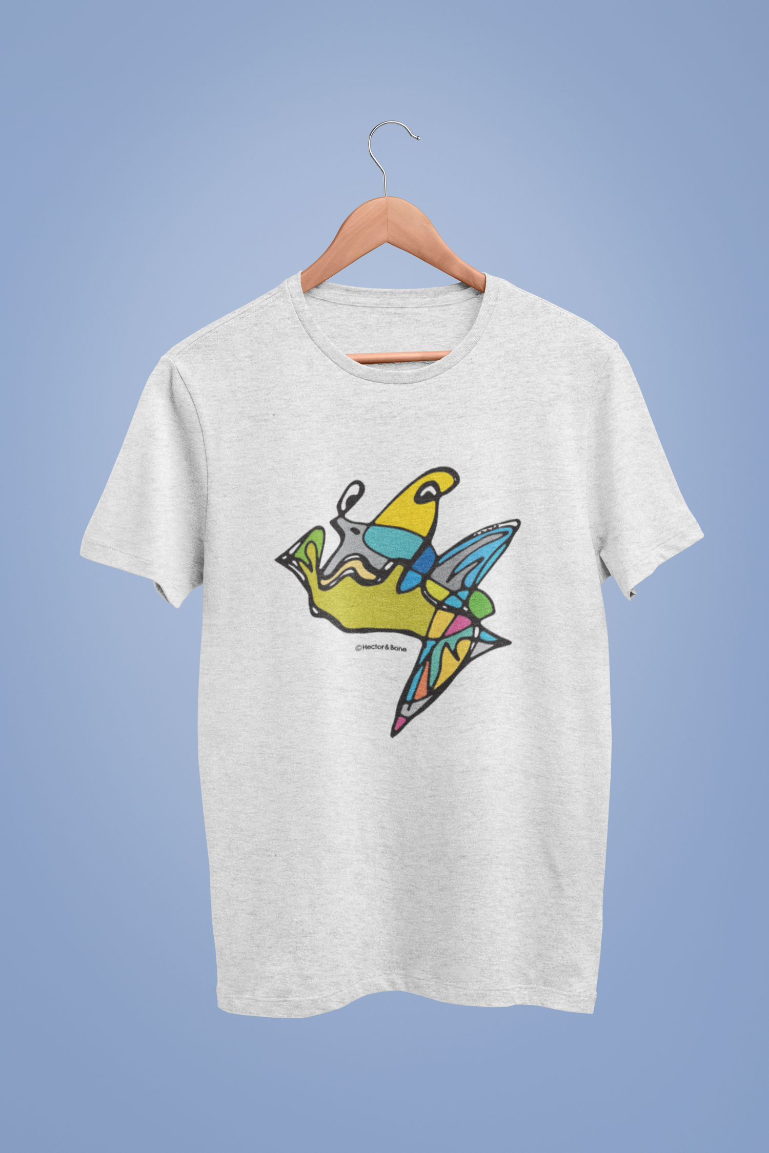 Fish Boy modern art design character on a Cool Heather Grey T-shirt by Hector and Bone