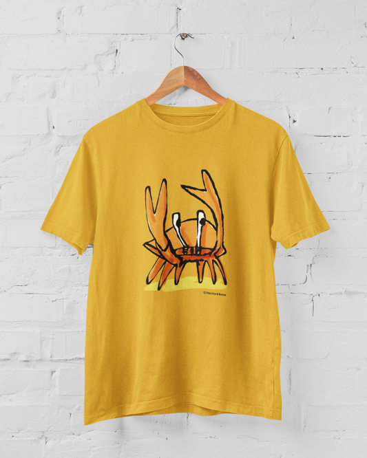 Angry Crab T-shirt design on Yellow vegan cotton art by Hector and Bone