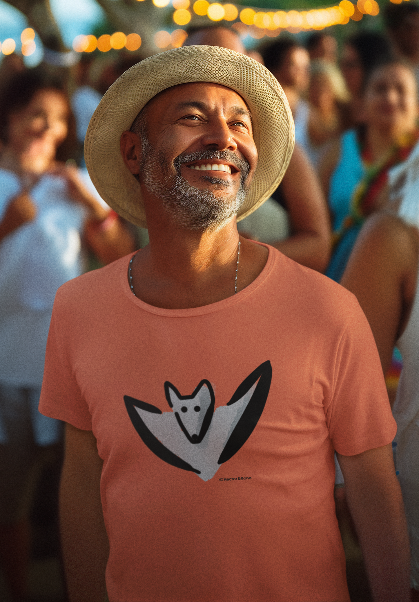 Bat T-shirt - Young man wearing illustrated Bertie Bat T-shirt in orange colour vegan cotton - T-shirts by Hector and Bone