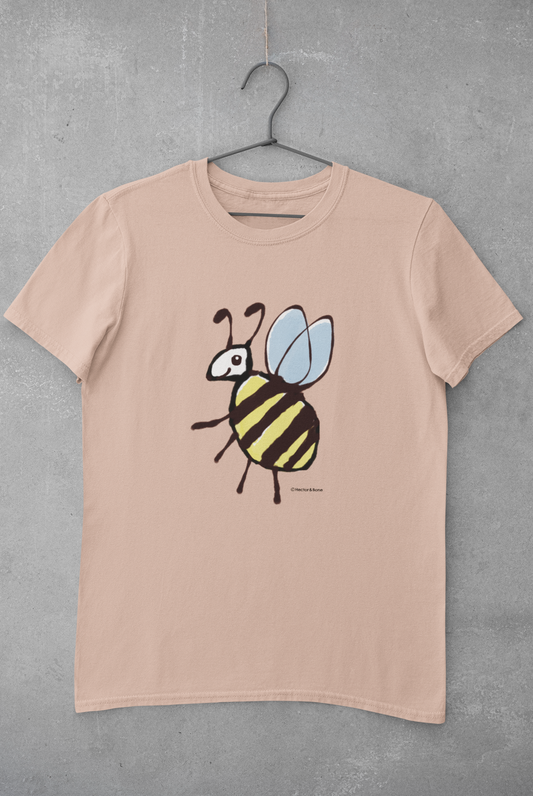 Bee T-shirt - Cute Busy Bee illustrated Fresh Peche colour vegan cotton t-shirts by Hector and Bone