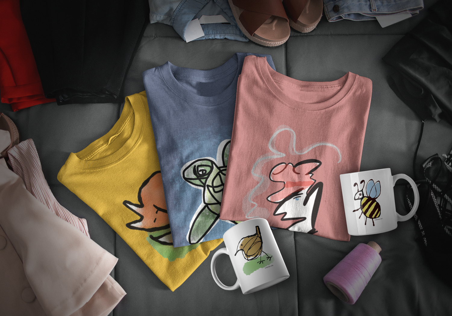 Original illustrated colour vegan cotton t-shirts and original art on quality coffee mugs only by Hector and Bone