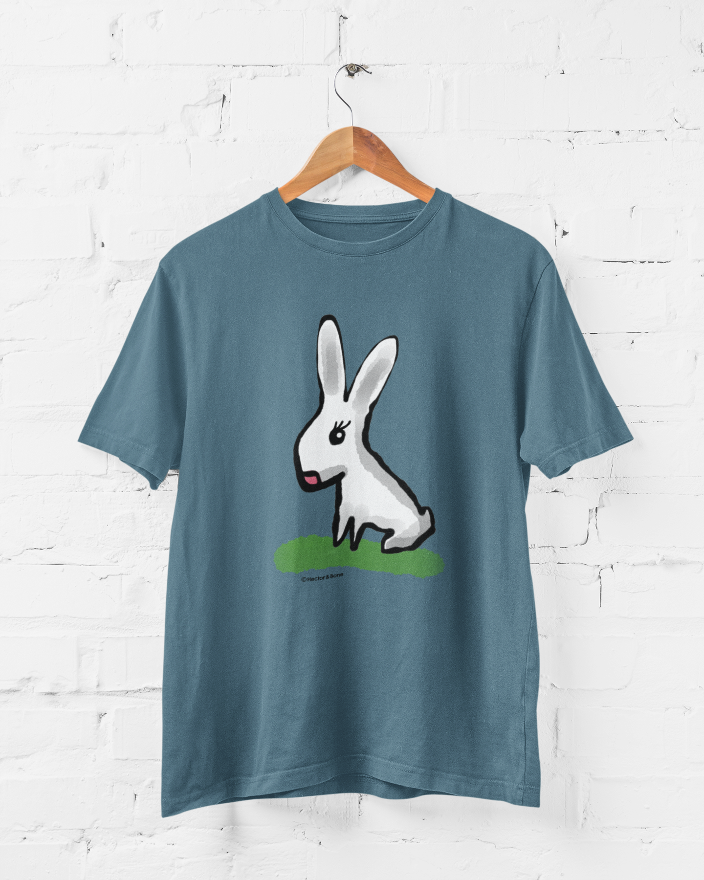 Cute Bunny T-shirt original illustrated design on a blue colour vegan cotton t-shirts by Hector and Bone