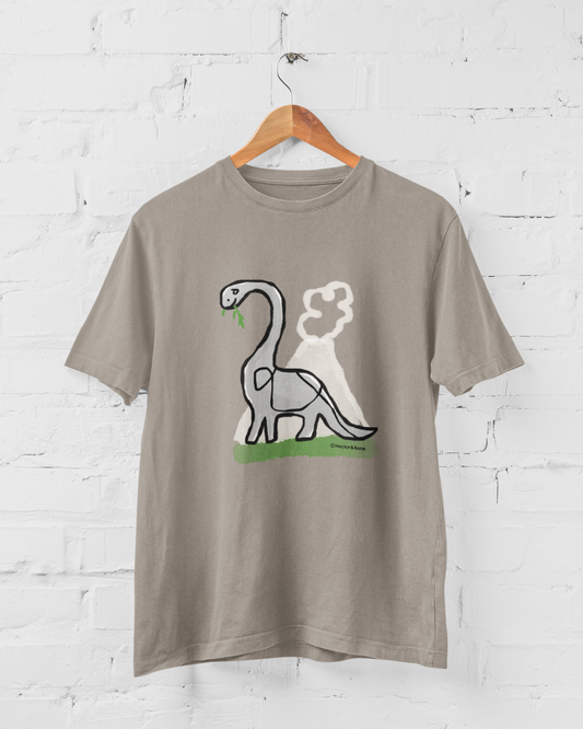Dinosaur T-shirt illustrated on a Desert Dust colour Brontosaurus Tshirt design by Hector and Bone