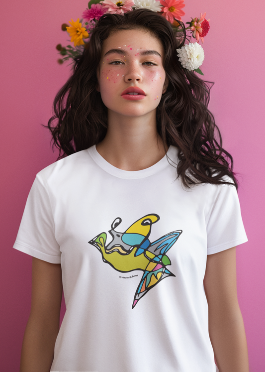Young woman wearing a Fish Boy modern art design on a white cotton vegan T-shirt by artist Hector and Bone T-shirt