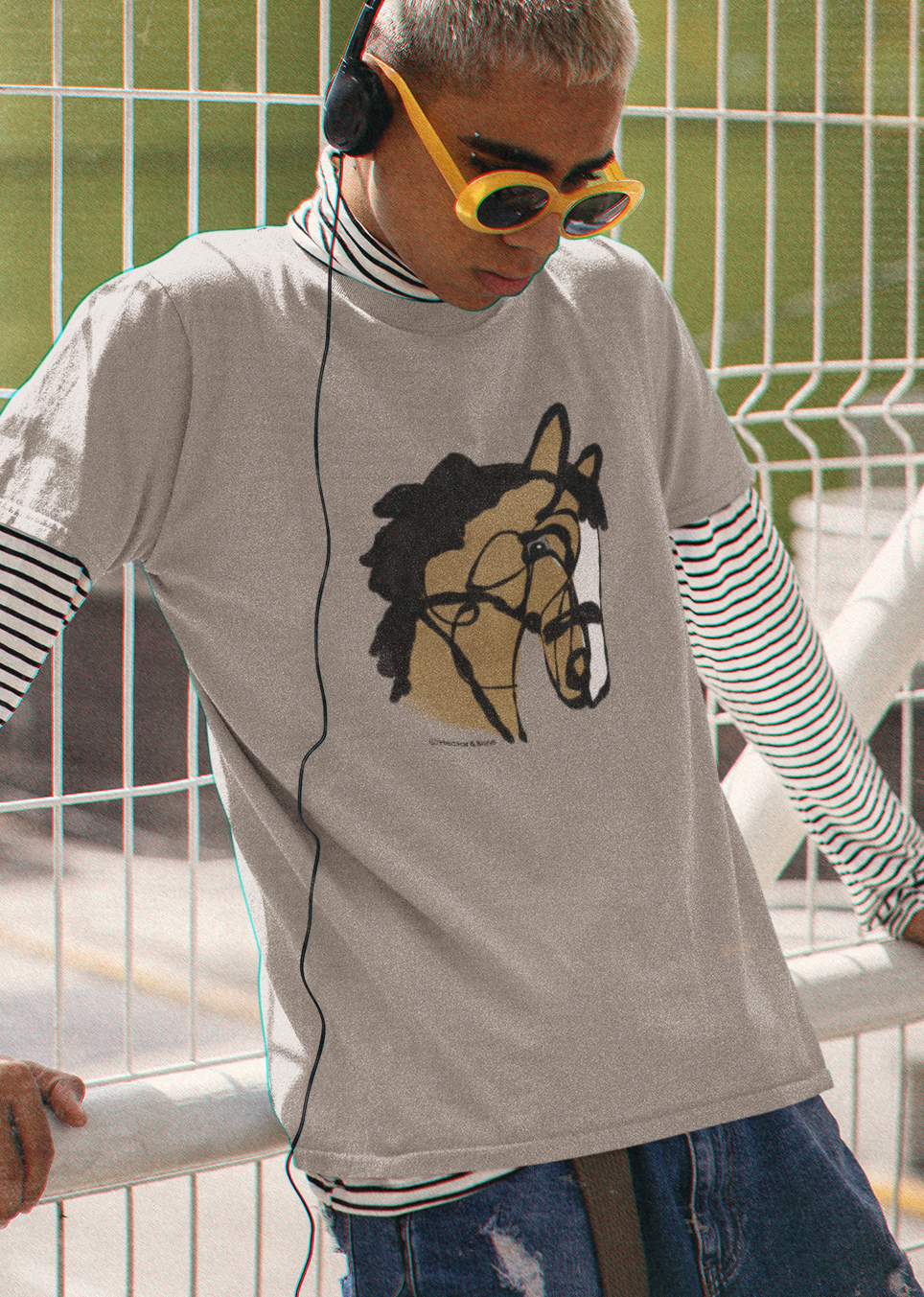 Horse T-shirt - Cool young man wearing an 'I love my horse' pony t-shirt design on desert dust colour vegan cotton by Hector and Bone