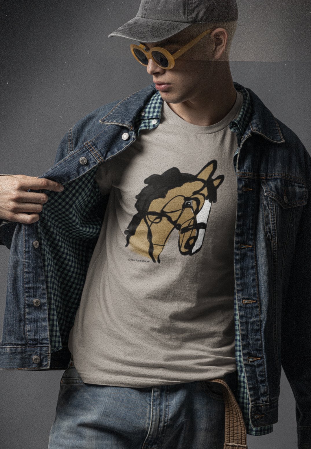 Horse T-shirt - Trendy young man wearing an 'I love my horse' pony t-shirt design on desert dust colour vegan cotton by Hector and Bone