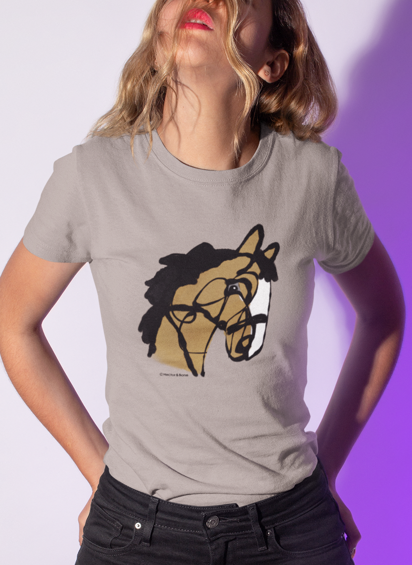 Horse T-shirt - Young woman wearing an 'I love my horse' pony t-shirt design on desert dust colour vegan cotton by Hector and Bone