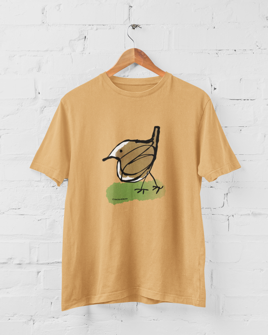 Jenny Wren T-shirt - Ilustrated little Jenny Wren bird t-shirts on nispero ochre colour vegan cotton t-shirts by Hector and Bone