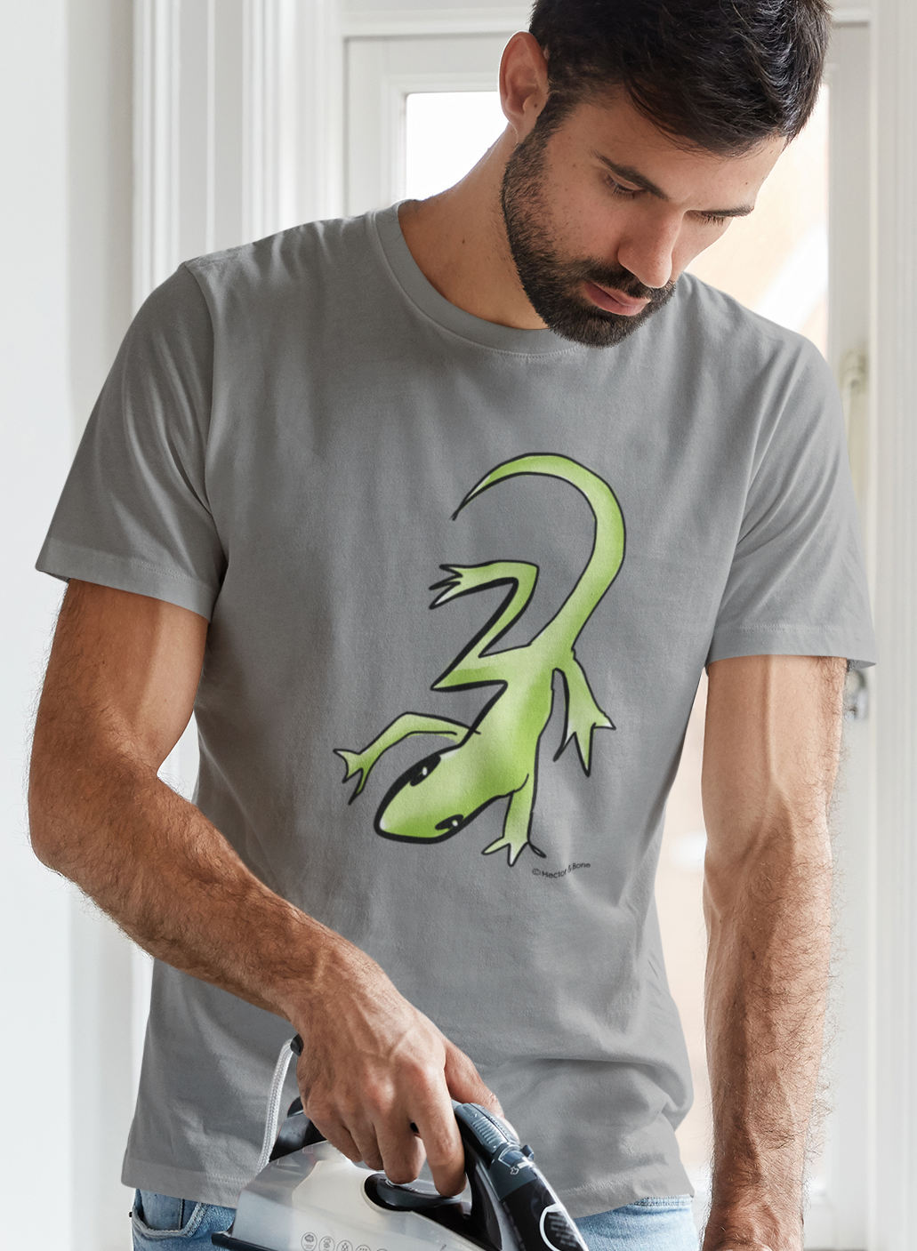 Lounge Lizard T-shirt - Young man wearing a mid heather grey vegan cotton gecko design t-shirts by Hector and Bone