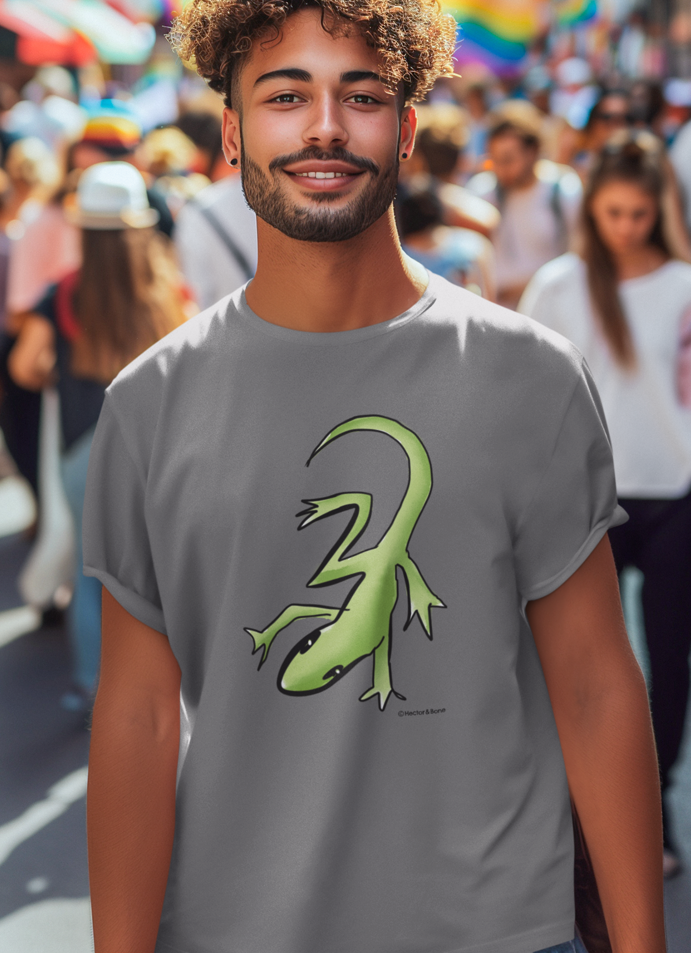 Lounge Lizard T-shirt - Young man wearing a vegan cotton mid hearther grey gecko design t-shirts by Hector and Bone