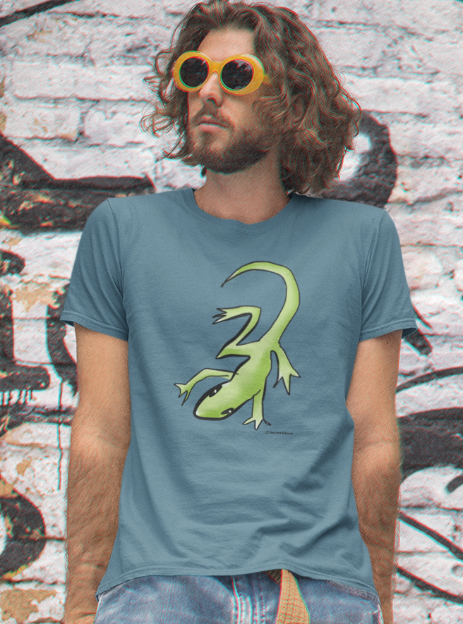 Lounge Lizard T-shirt - young man wears a stargazer blue colour vegan cotton gecko t-shirt by Hector and Bone