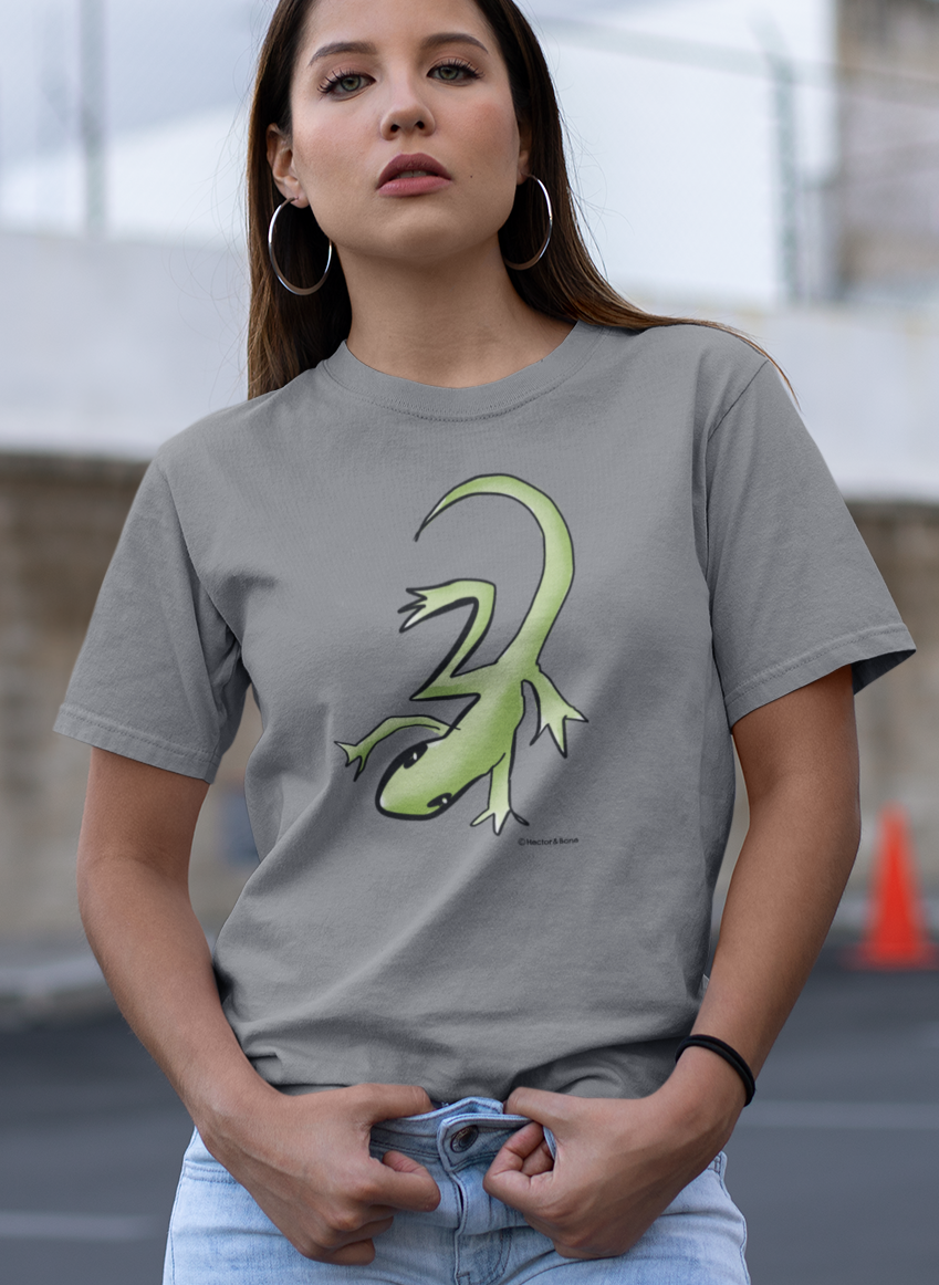 Lounge Lizard T-shirt - Young woman wearing illustrated lizard vegan cotton t-shirt in Mid Heather Grey colour by Hector and Bone