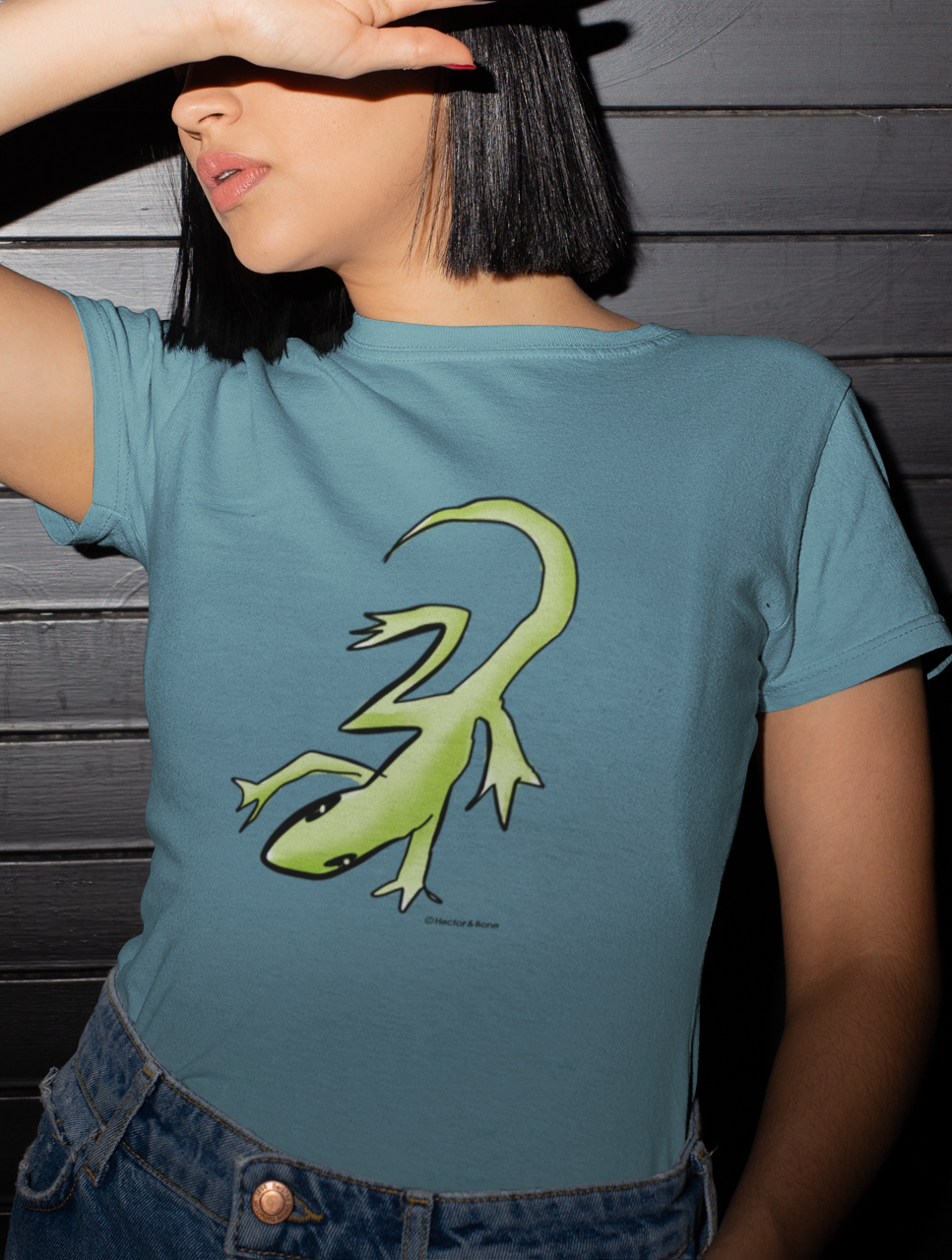 Lounge Lizard T-shirt - young woman wears a stargazer blue colour vegan cotton gecko t-shirt by Hector and Bone