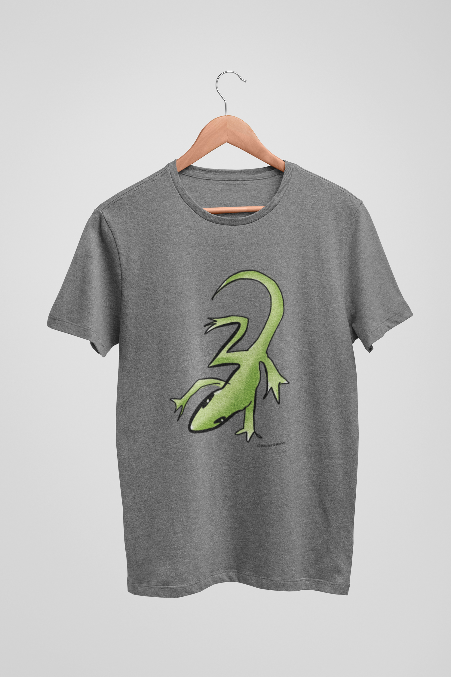 Lizard T-shirt - Illustrated Lounge Lizard T-shirt on vegan mid heather grey colour cotton t-shirts by Hector and Bone