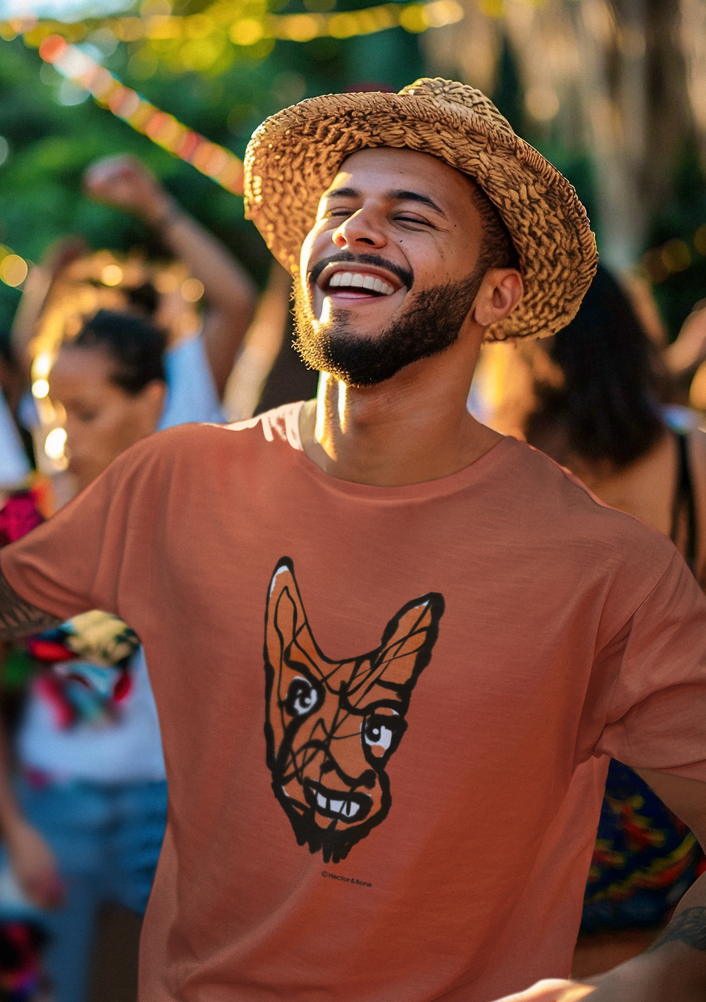 Devil T-shirt - Young man wearing Cheeky Little Devil illustrated orange vegan cotton t-shirts by Hector and Bone