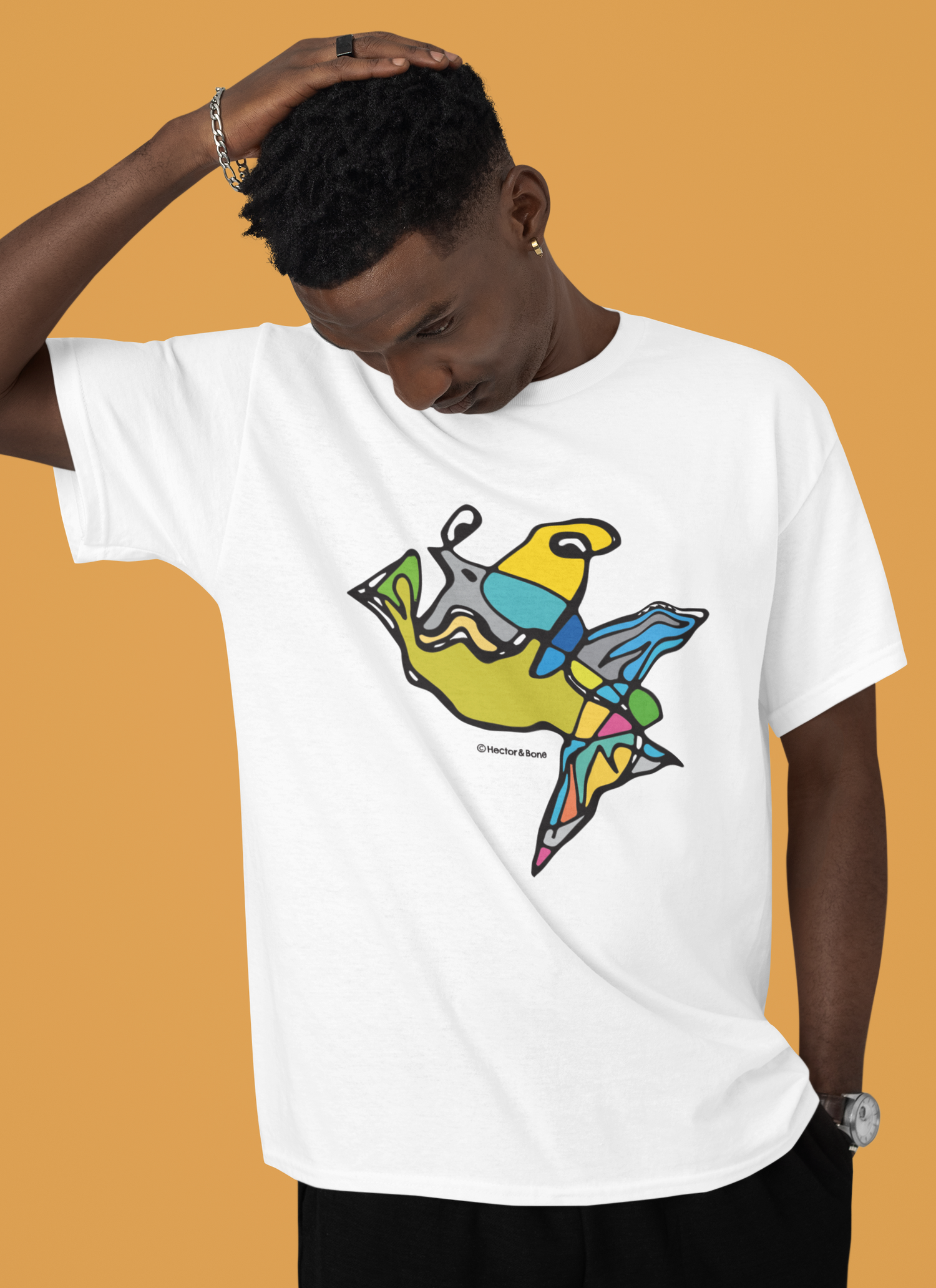 Young man wearing a Fish Boy modern art design on a white cotton vegan T-shirt by artist Hector and Bone T-shirt