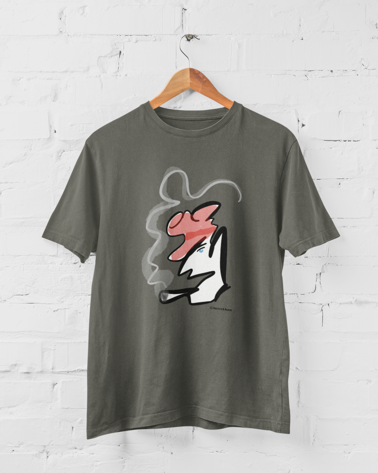 Khaki colour quality vegan cotton t-shirt with Hector and Bone smoking man Monsieur Gaulois illustrated Parisian abstract t-shirt design