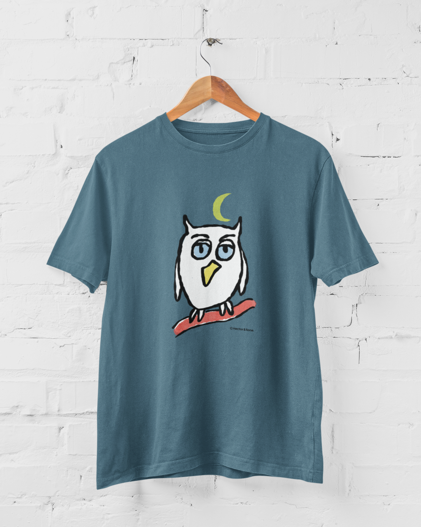 Night Owl T-shirt - Stargazer blue colour vegan cute illustrated Owl T-shirts by Hector and Bone