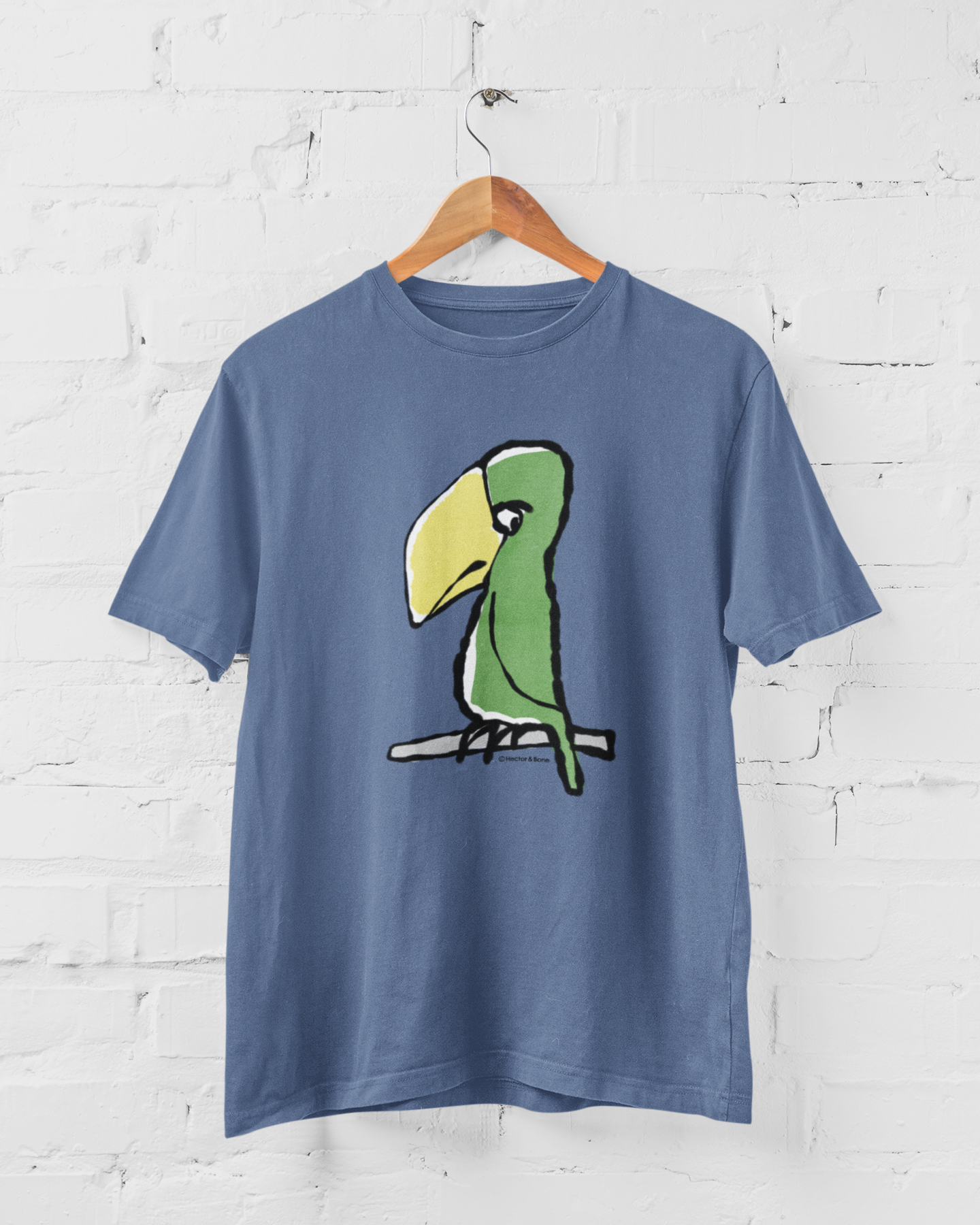 Peter Parrot T-shirt - Bright Blue Unisex Hector and Bone T-shirts with cute printed illustration