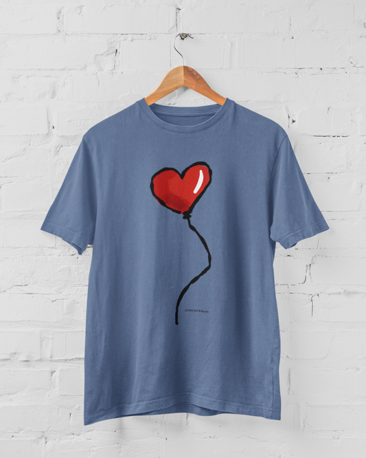 Red Heart Balloon I Love you T-shirt design printed on a bright blue vegan cotton t-shirt by Hector and Bone
