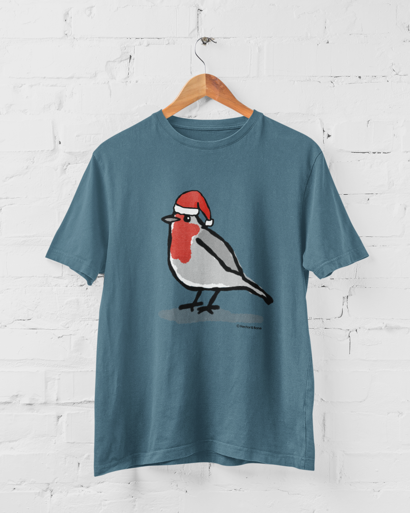 Santa Robin Christmas T-shirt - Original illustrated Robin design by Hector and Bone - Christmas Robin t-shirts - Vegan cotton Stargazer Blue colour t-shirt