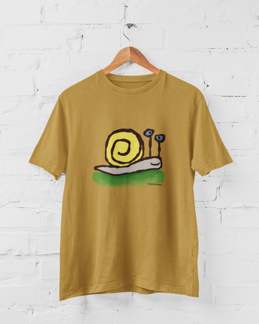 Snail T-shirt - Ochre Unisex Hector and Bone vegan cotton T-shirt with printed cute Snail illustration