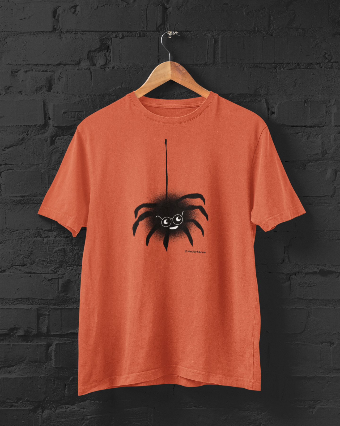 Spider T-shirt - Halloween orange colour cotton tshirts with cute spectacled spider illustration by Hector and Bone