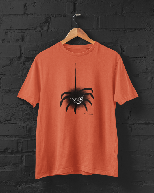 Spider T-shirt - Halloween orange colour cotton tshirts with cute spectacled spider illustration by Hector and Bone