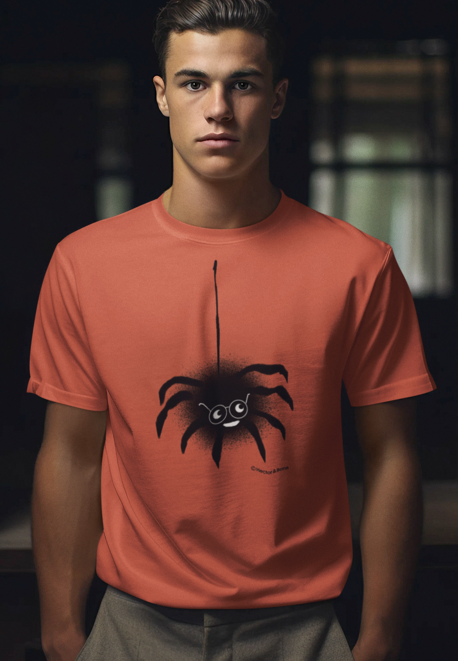 Spider T-shirt - A young man wearing a cute Spectacled Spider original illustrated Halloween design on a Hector and Bone quality vegan orange colour cotton t-shirt