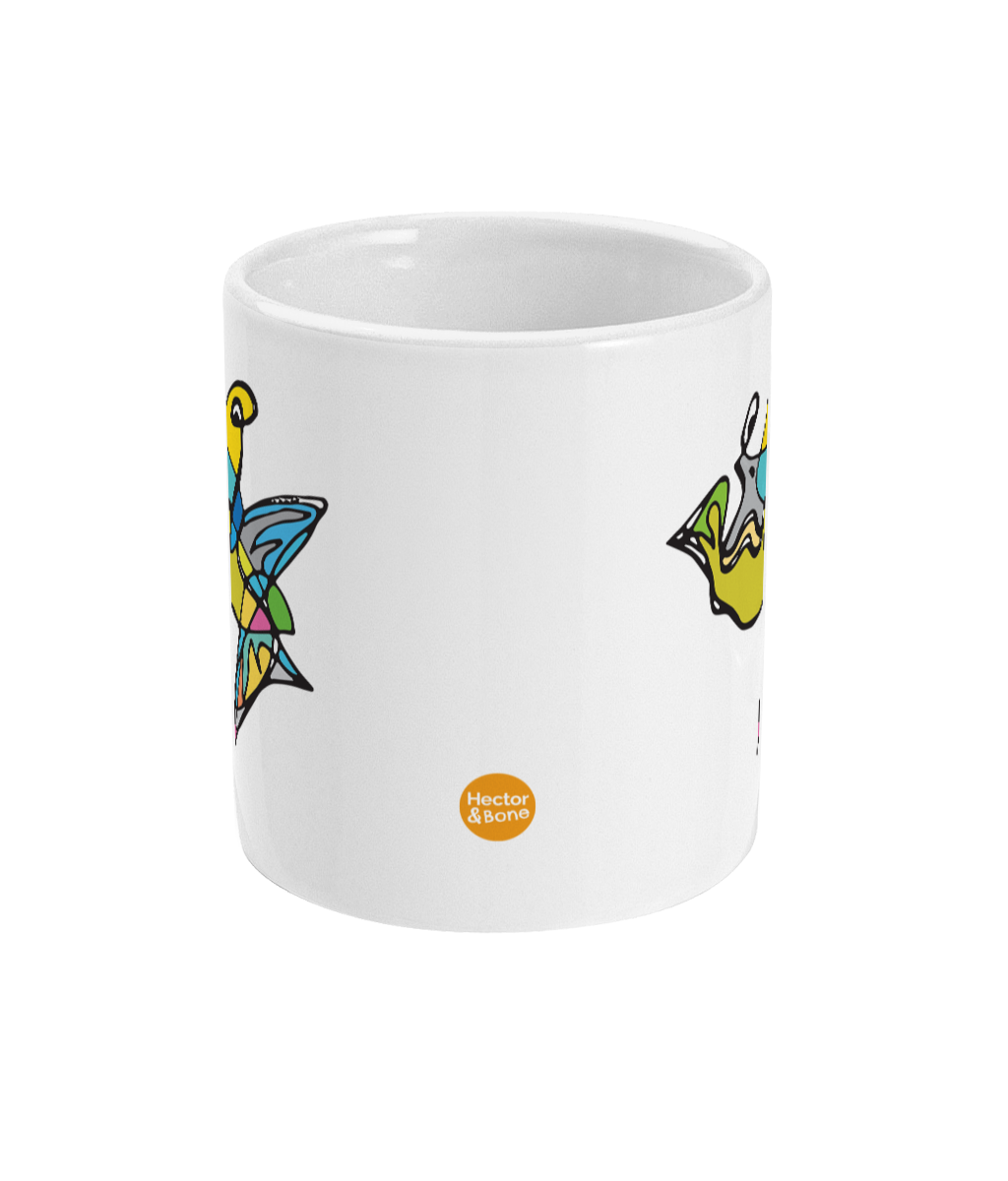 Fish Boy Illustrated modern art design coffee mug by Hector and Bone Front View