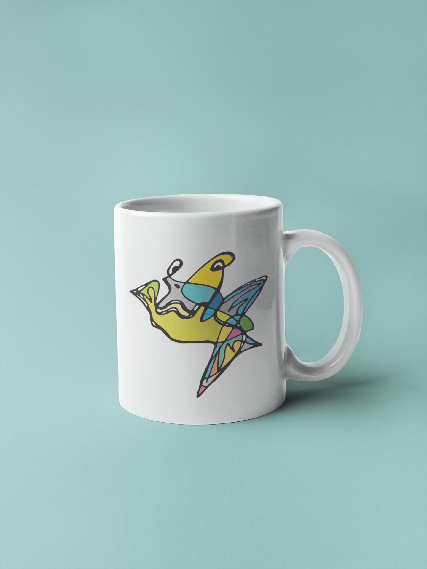 A White Ceramic Hector and Bone Mug with an illustration of a Modern Art Fish Boy design