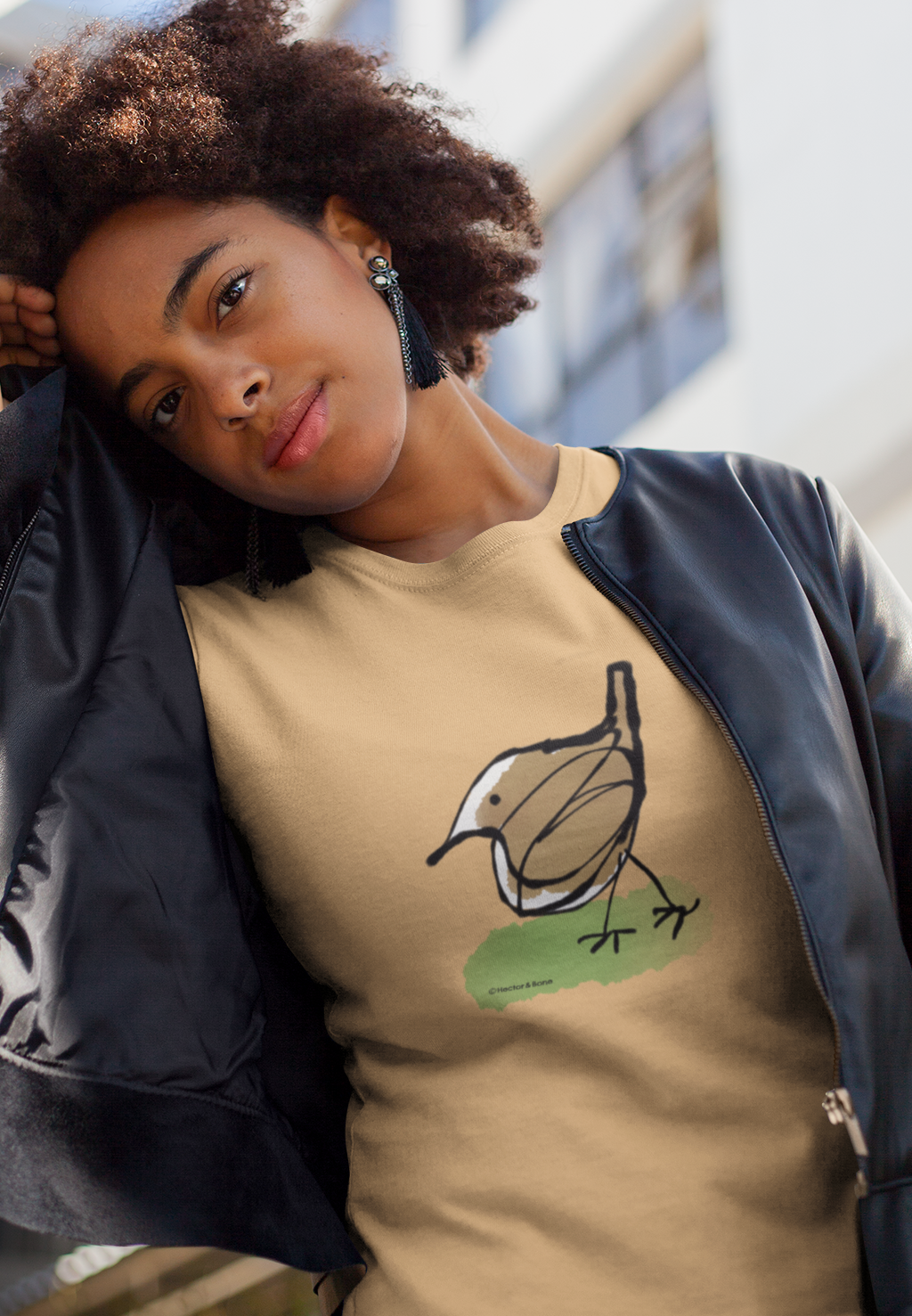 Jenny Wren T-shirt - Young woman wearing illustrated little Jenny Wren bird t-shirt on nispero ochre colour vegan cotton t-shirts by Hector and Bone