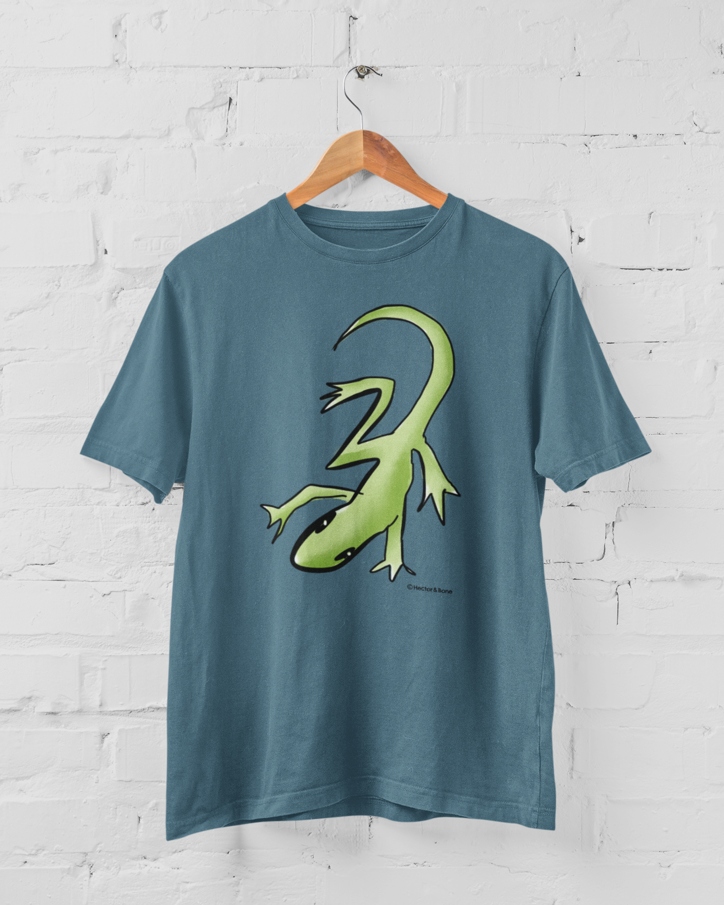 Lizard T-shirt - Illustrated Lounge Lizard T-shirt on vegan stargazer blue colour cotton t-shirts by Hector and Bone