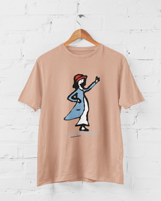 Cute Illustrated happy waving girl wearing a red hat and a blue coat printed on a fresh peche colour vegan cotton t-shirt by Hector and Bone