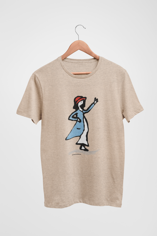 Cute Illustrated happy waving girl wearing a red hat and a blue coat printed on a heather rainbow vegan cotton t-shirt by Hector and Bone