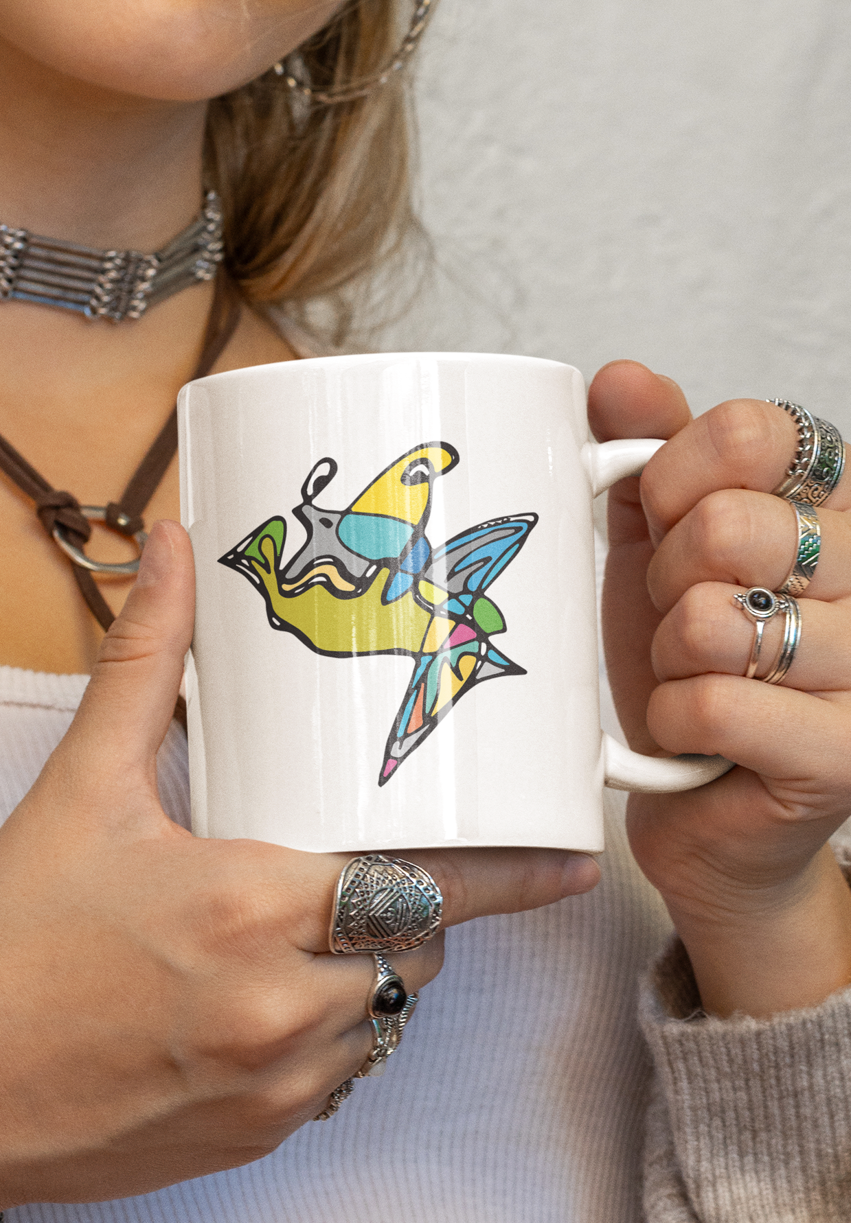 Woman holding a Fish Boy Modern Art mug design by Hector and Bone